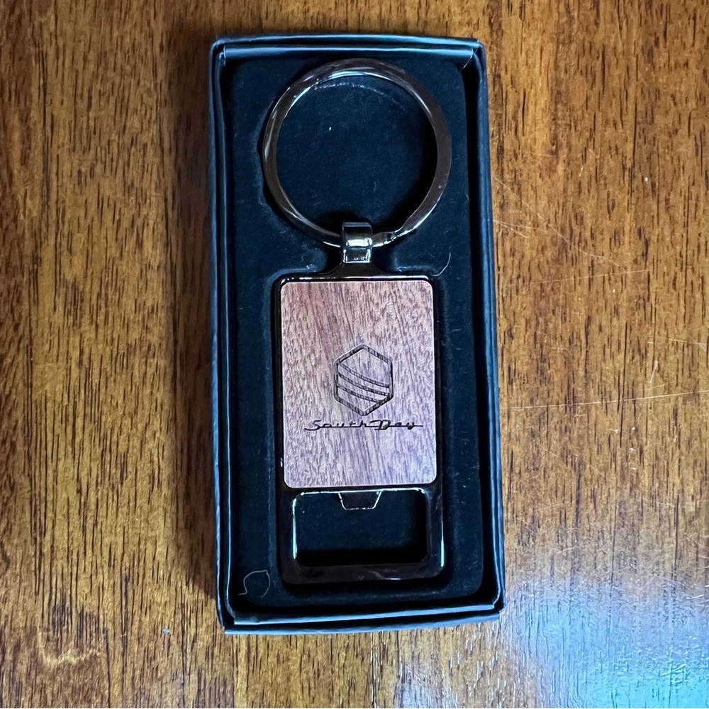 South Bay keychain bottle opener black metal wood engraved